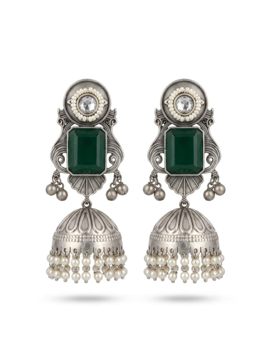 Green Stone Studded Big Oxidised Silver Jhumka Earrings