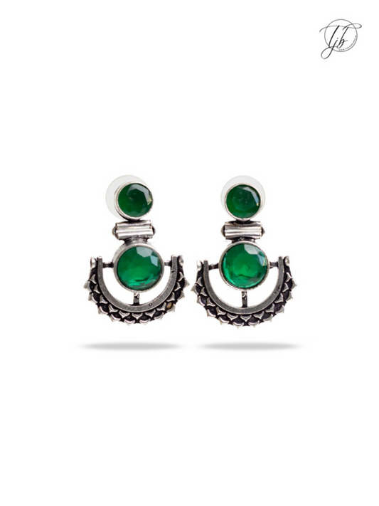 Green Stone Studded Oxidised Silver Dangler Earrings