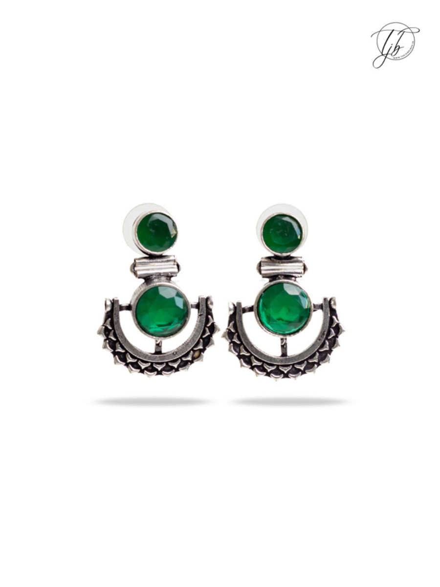 Green Stone Studded Oxidised Silver Dangler Earrings