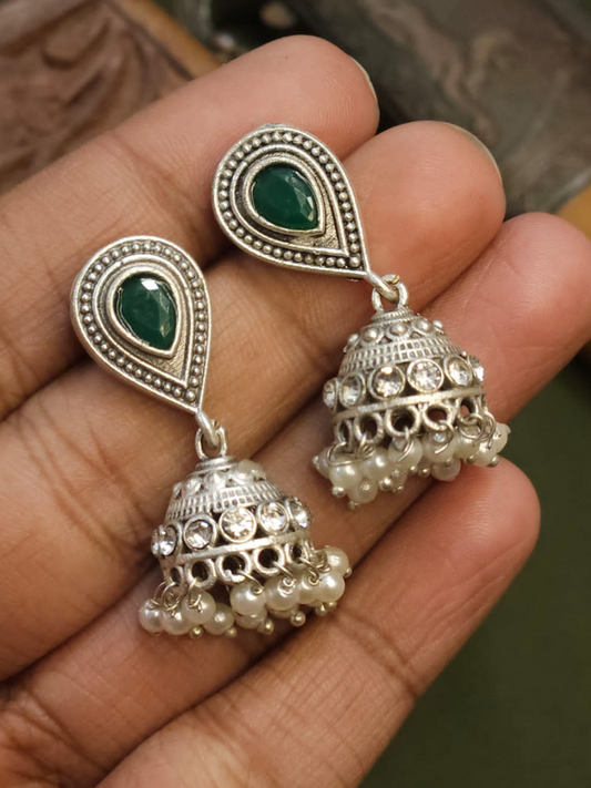 Green Stone Studded Oxidised Silver Small Jhumka Earrings