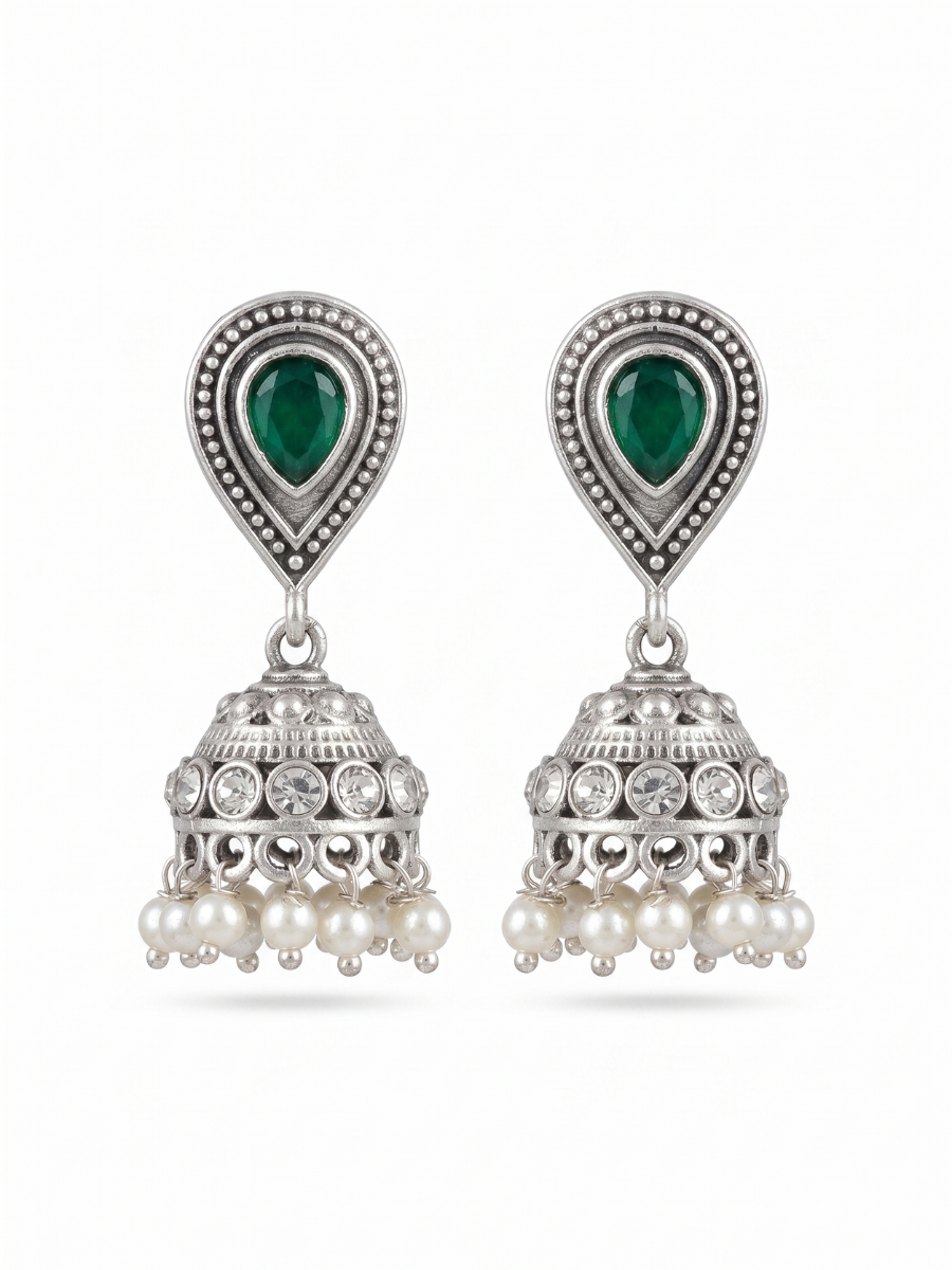 Green Stone Studded Oxidised Silver Small Jhumka Earrings
