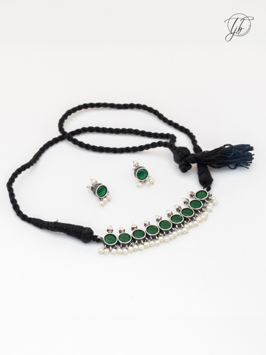 Green Stones German Silver Oxidised Thread Necklace Set