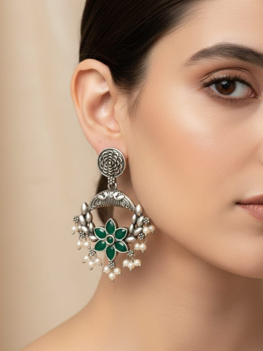 Green Stones Studded Oxidised Silver Dangler Earrings