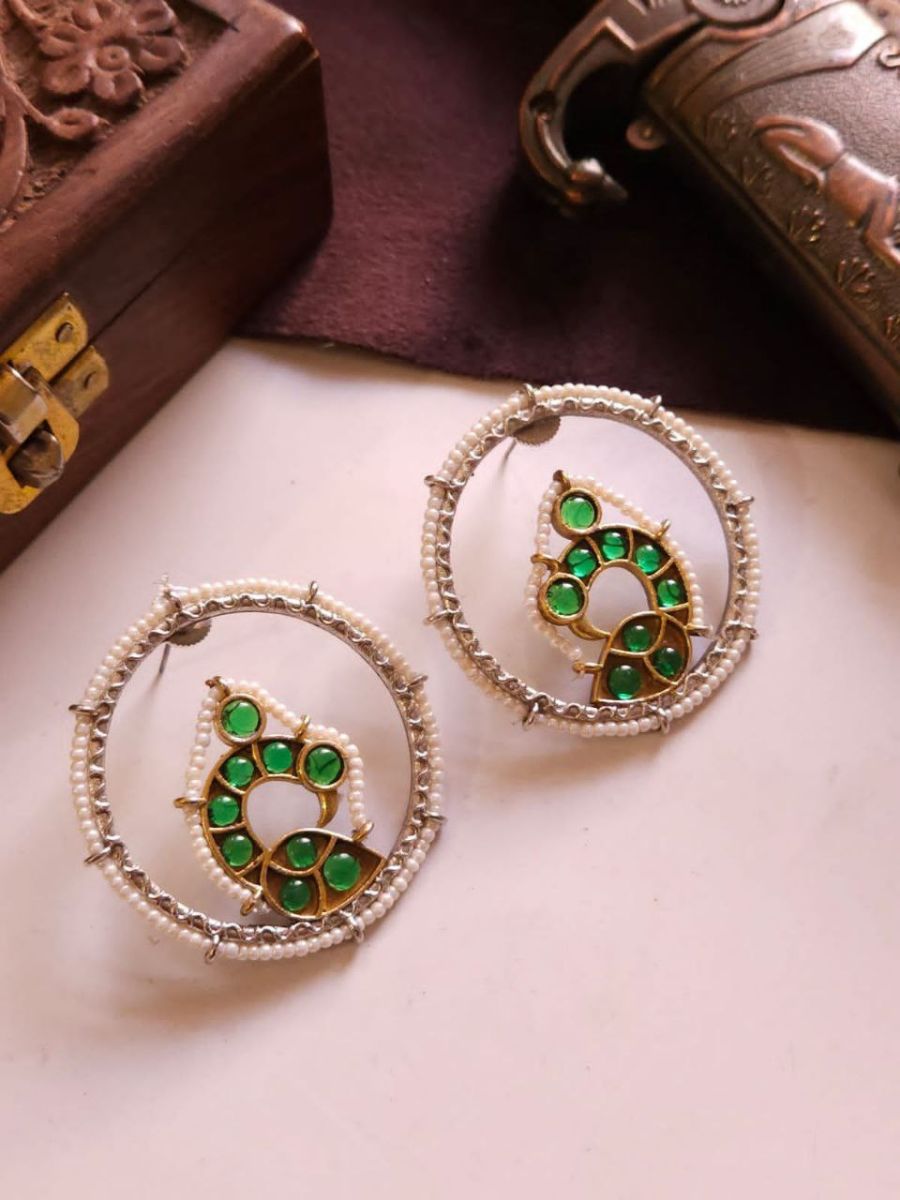 Buy Green Stones and Pearls Peacock Oxidised Stud Earrings Online - TheJewelbox