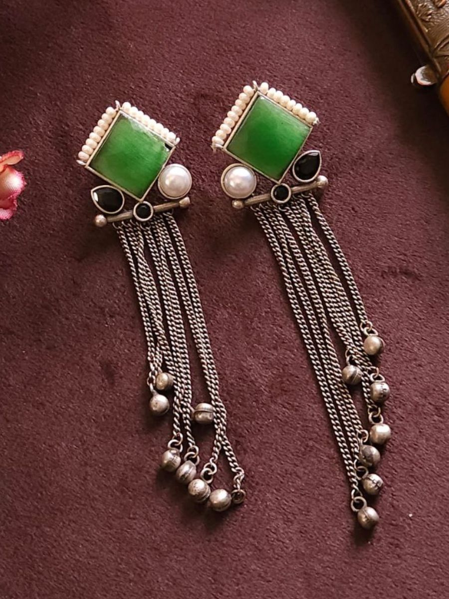 Green and Black Monalisa Stone Long Oxidised Silver Earrings