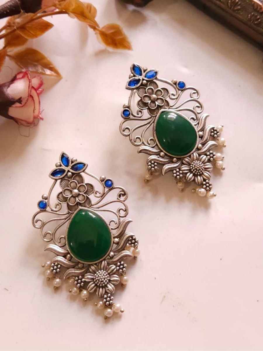 Green and Blue Monalisa Stones Oxidised Silver Earrings