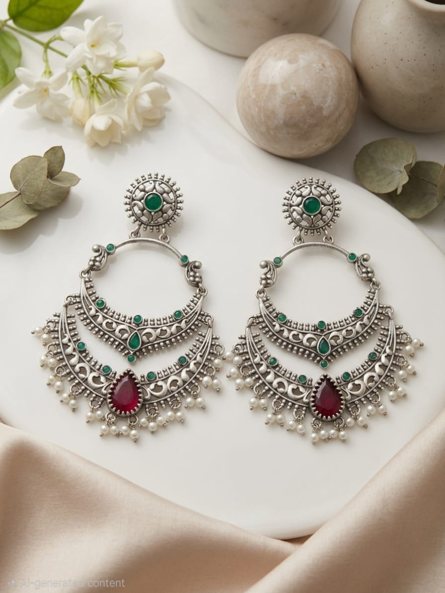 Buy Green and Ruby Red Stones German Silver Oxidised Chandbali Earrings Online in India