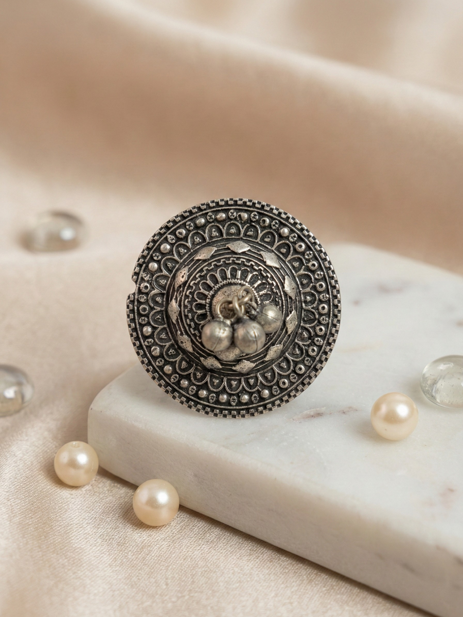 Buy Gunghroo Style Round Oxidised Silver Finger Ring Online in India