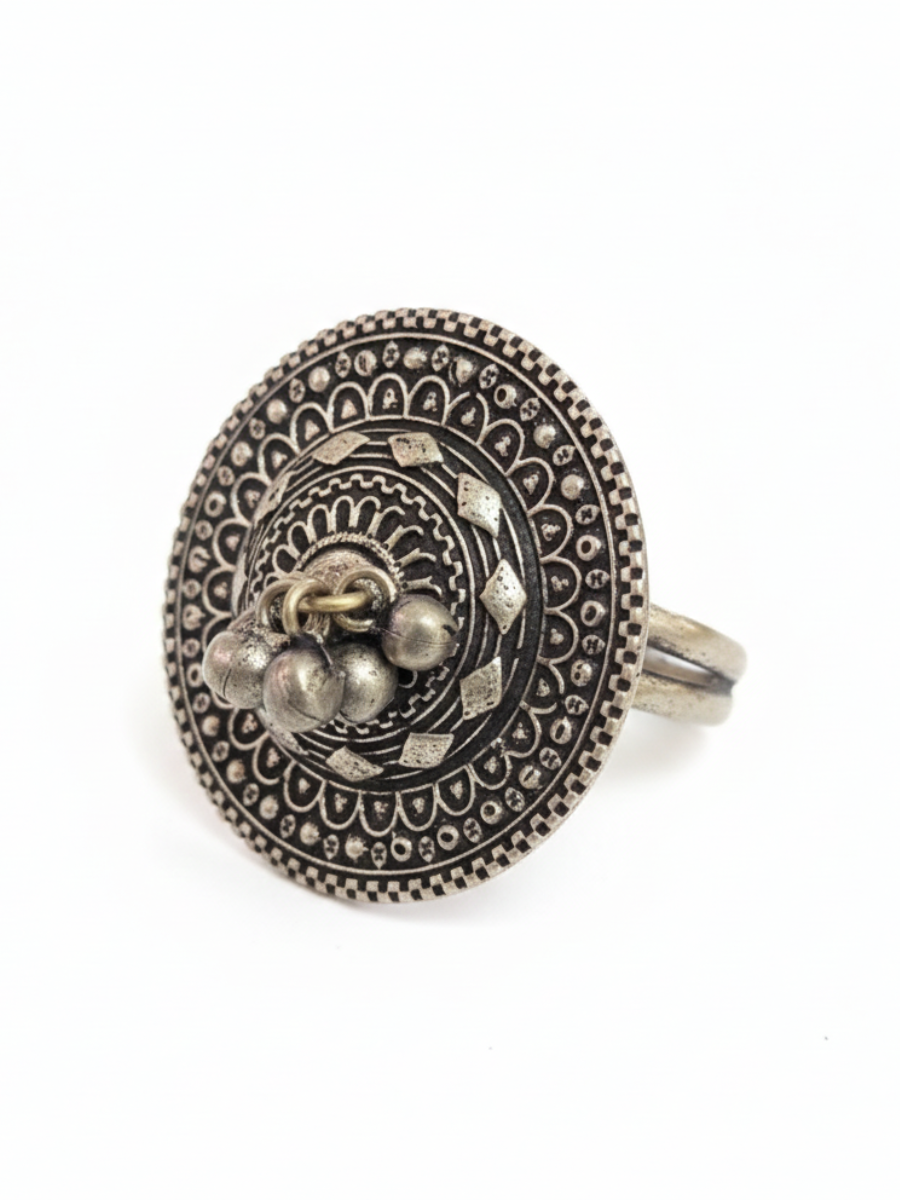 Oxidised Silver Gunghroo Style Round Finger Ring