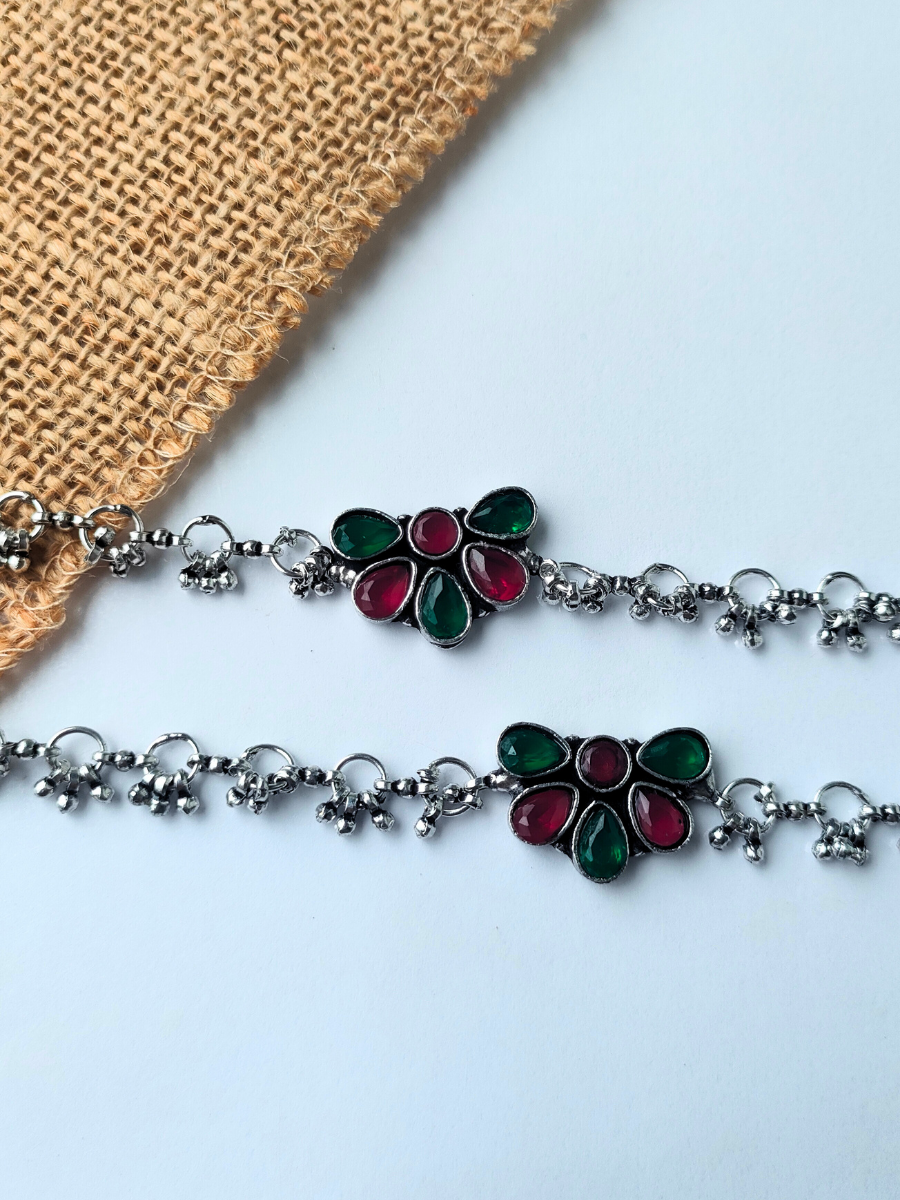 Half Flower Pattern Red and Green Oxidised Silver Gungroo Anklets