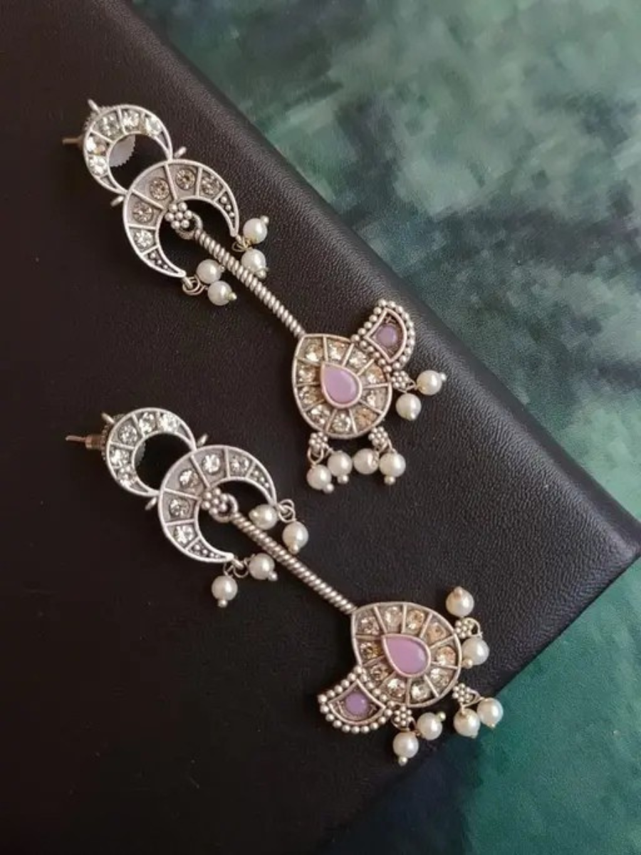 Buy Handcrafted Baby Pink Oxidised Silver Long Drop Earrings Online - TheJewelbox