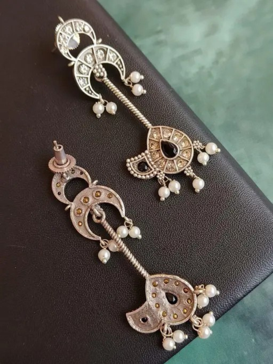 Handcrafted Black Oxidised Silver Long Drop Earrings