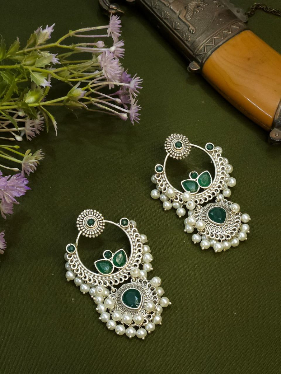 Buy Handcrafted Green Stone Oxidised Silver Chandbali Earrings Online - TheJewelbox