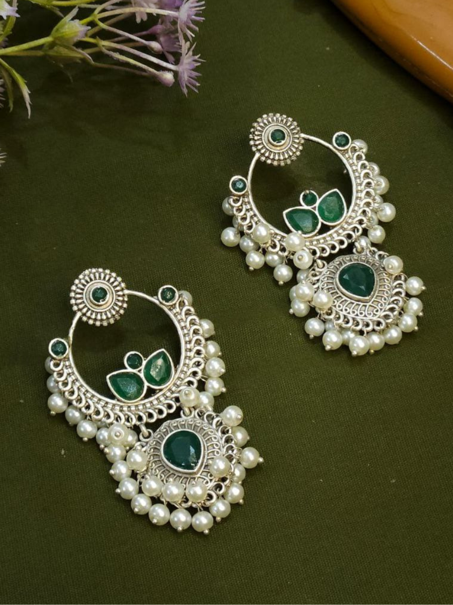 Handcrafted Green Stone Oxidised Silver Chandbali Earrings