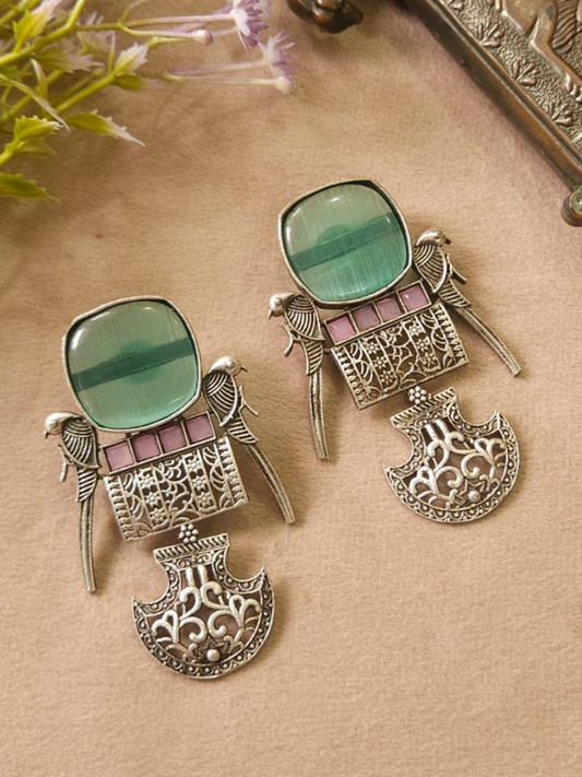 Handcrafted Parrot Design Sea Green Oxidised Dangler Earrings