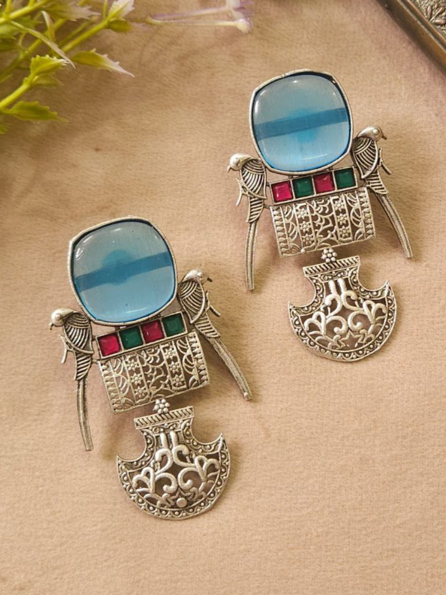 Handcrafted Parrot Design Sky Blue Oxidised Dangler Earrings