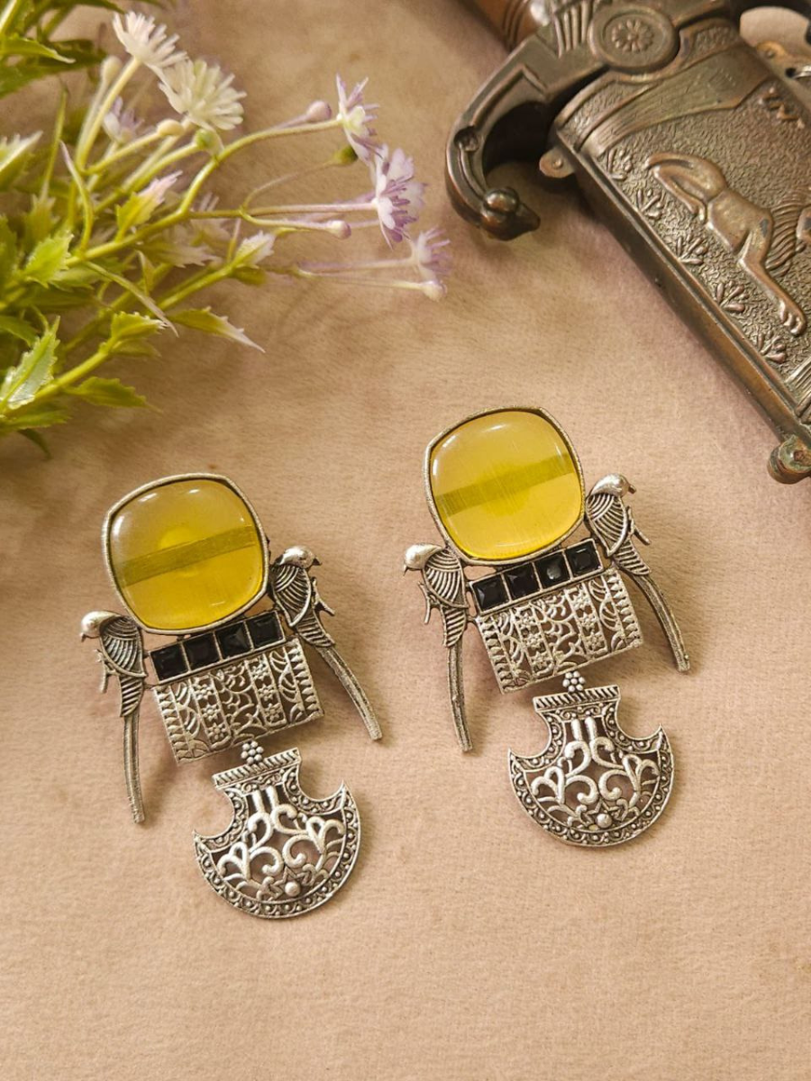 Buy Handcrafted Parrot Design Yellow Oxidised Dangler Earrings Online - TheJewelbox