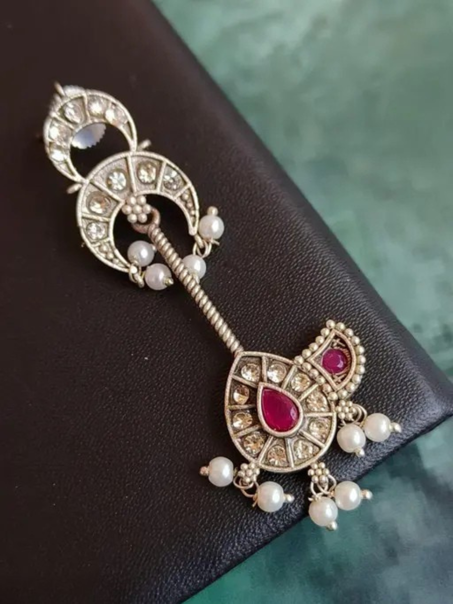 Handcrafted Ruby Red Oxidised Silver Long Drop Earrings