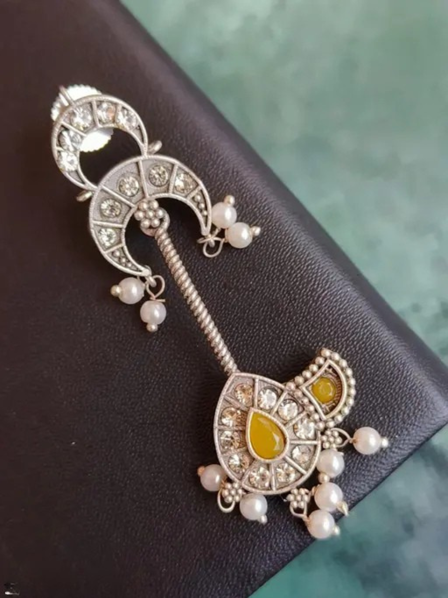 Handcrafted Yellow Stones Oxidised Silver Long Earrings