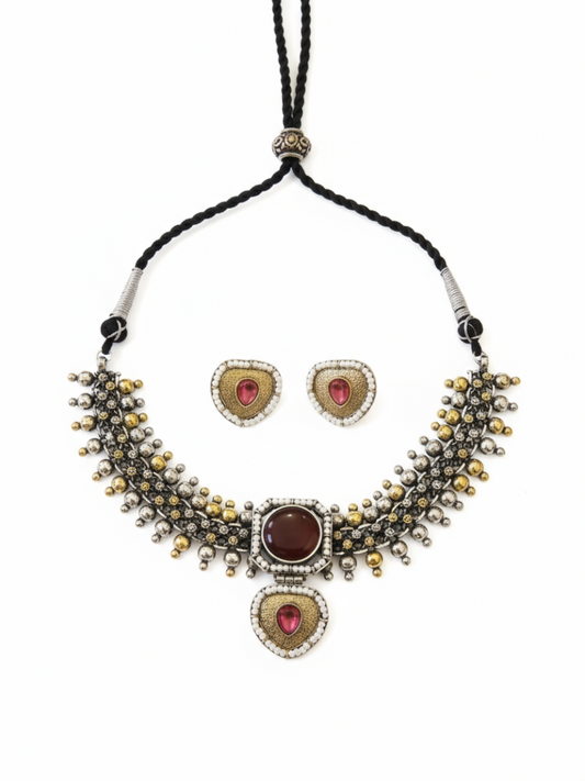 Handcrafted Dual Tone Oxidised Red Stone Choker Necklace Set