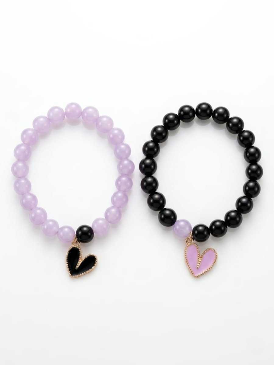 Heart Charms Black and Purple Beaded Bracelets
