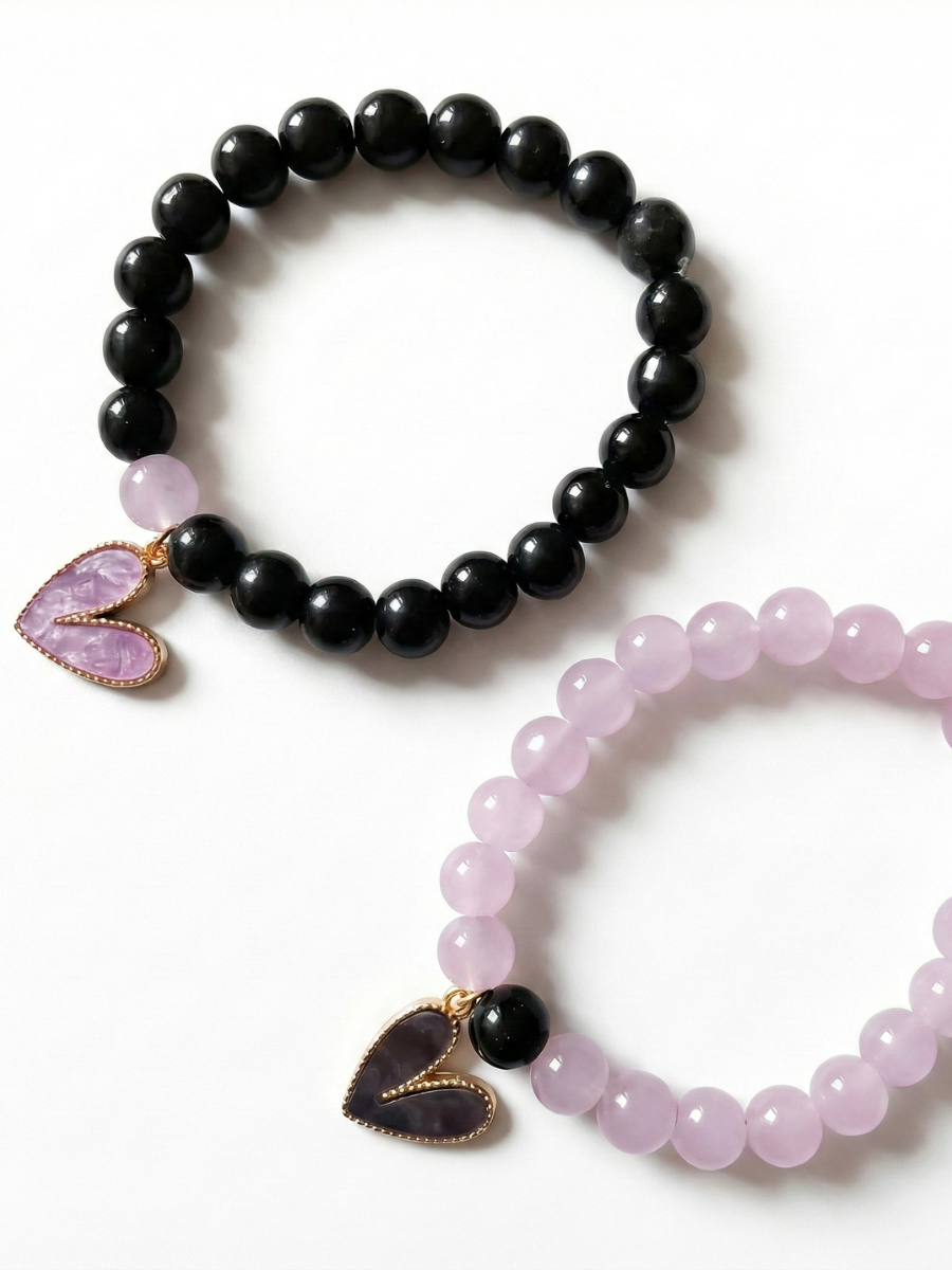 Black and Purple Heart Charms Beaded Bracelets
