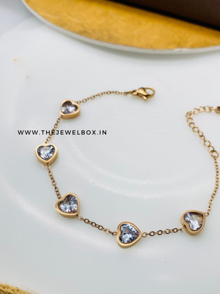 Heart Shaped Diamond Charms Rose Gold Chain Bracelet