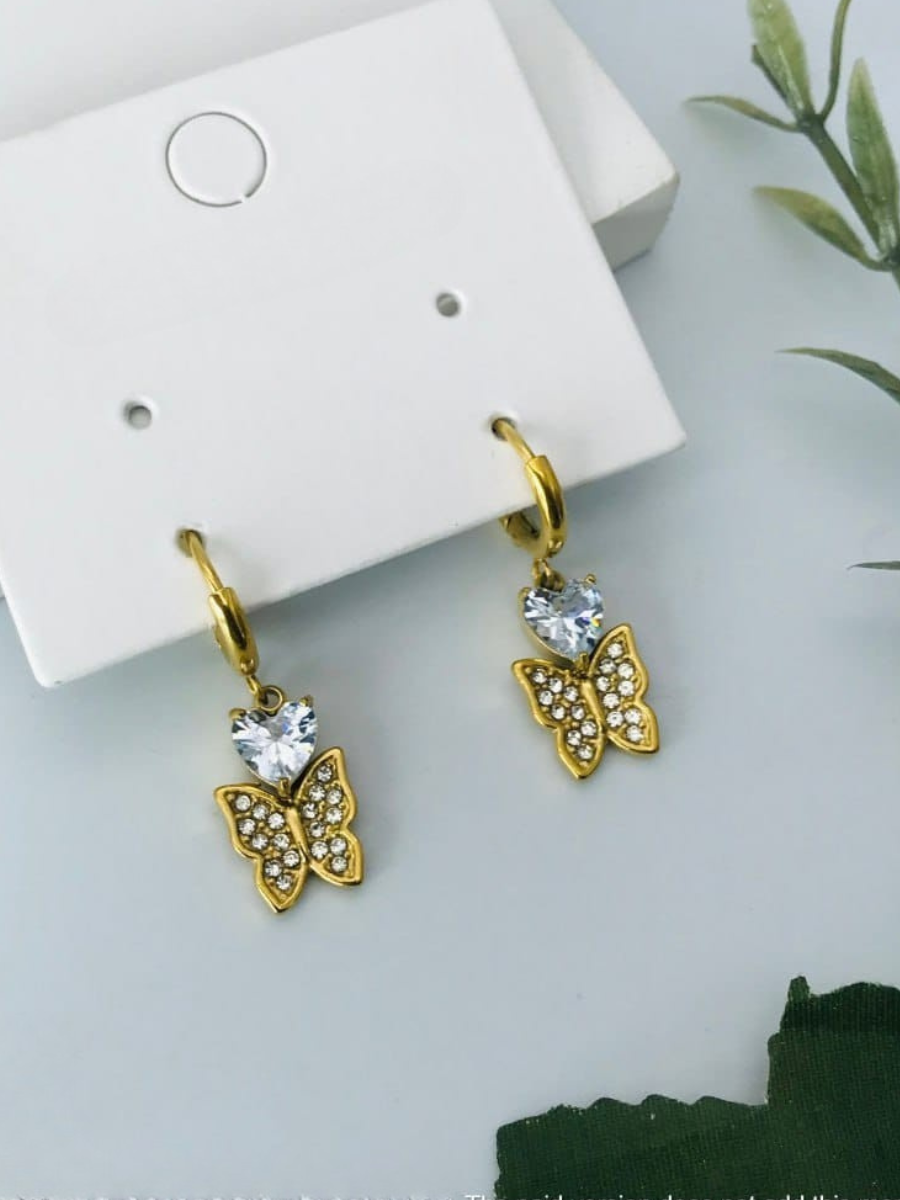 Heart Stone Butterfly Drop Golden Huggie Hoop Earrings