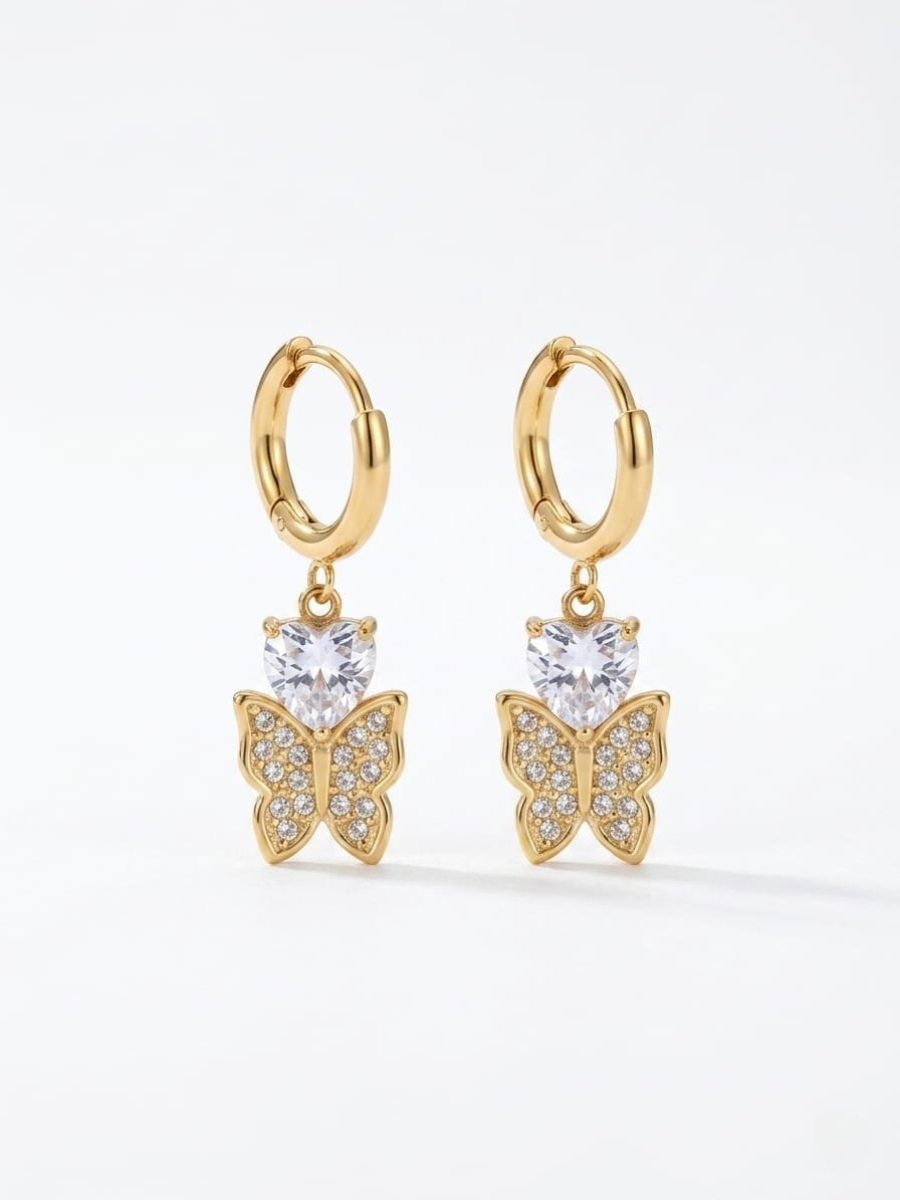 Heart Stone Butterfly Drop Golden Huggie Hoop Earrings