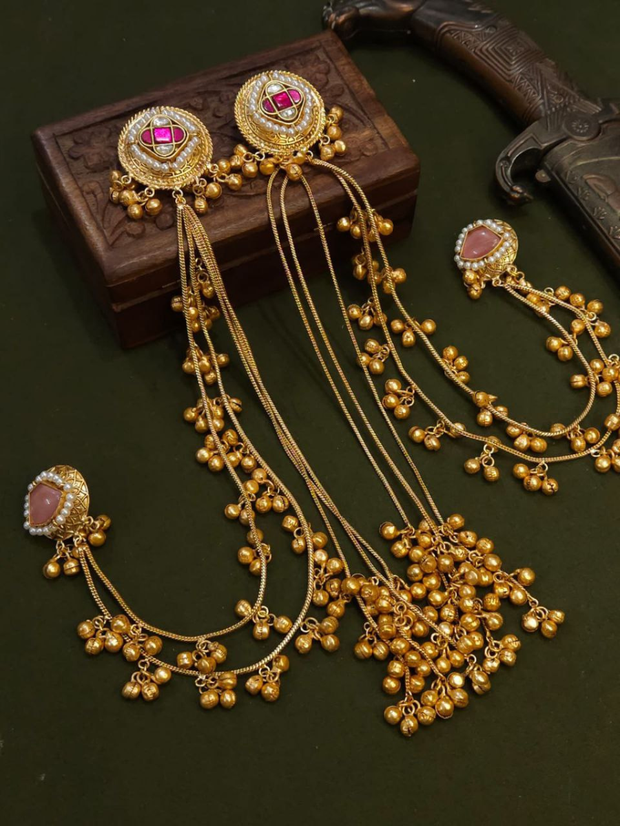 Buy Kashmiri Style Ghungroo Hanging Golden Ear Chain Earrings