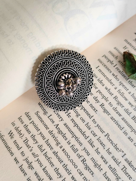 Kolhapuri Style Big Round Oxidised Silver Ring