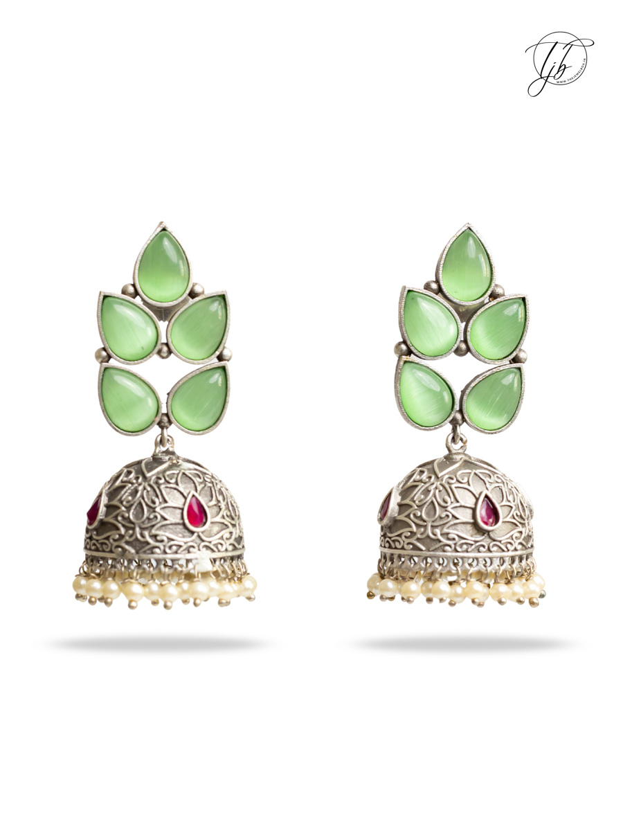 Leaf Shaped Parrot Green Stones Big Oxidised Silver Jhumka Earrings