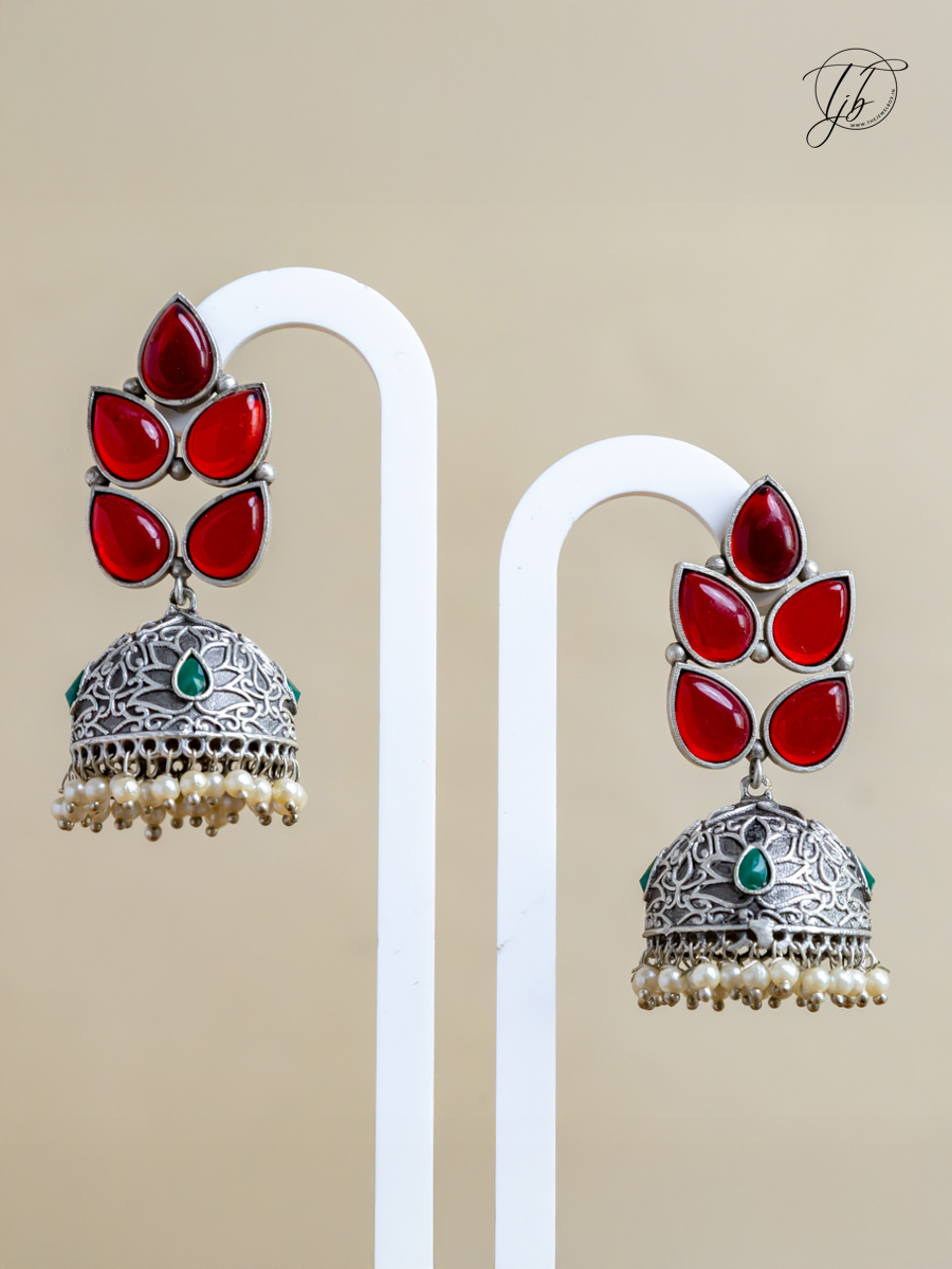 Buy Leaf Shaped Ruby Red Stones Big Oxidised Silver Jhumka Earrings Online - TheJewelbox