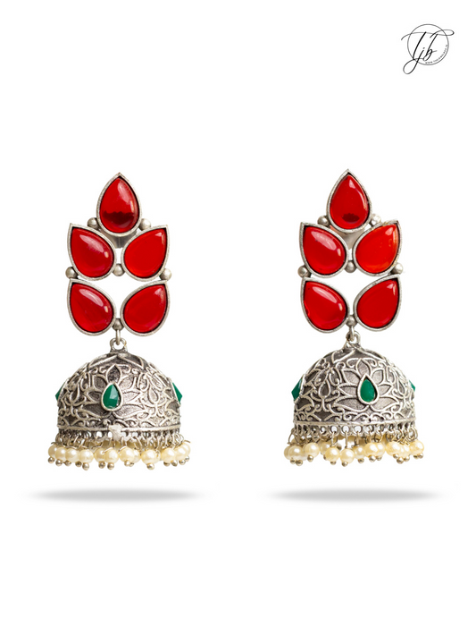 Leaf Shaped Ruby Red Stones Big Oxidised Silver Jhumka Earrings