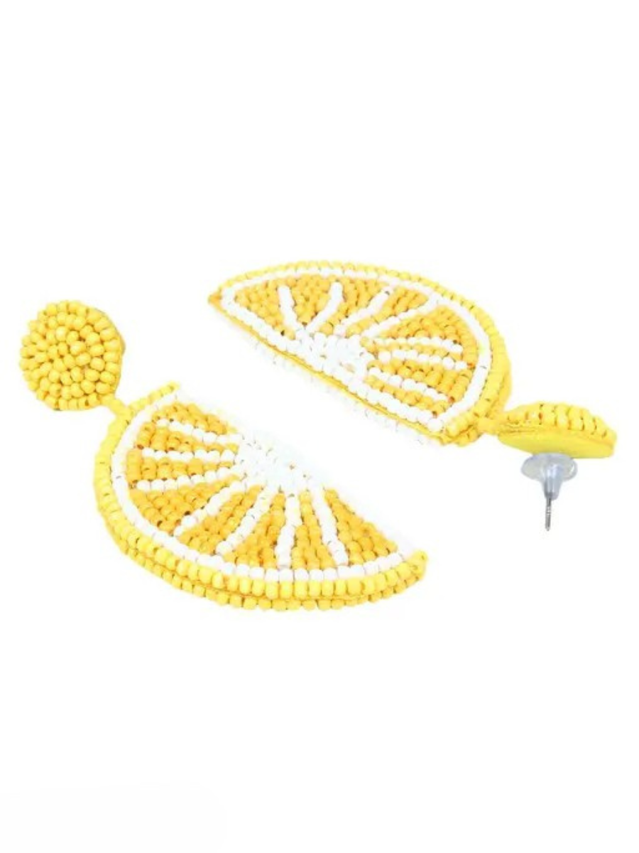 Lemon Slice Yellow and White Beaded Statement Earrings