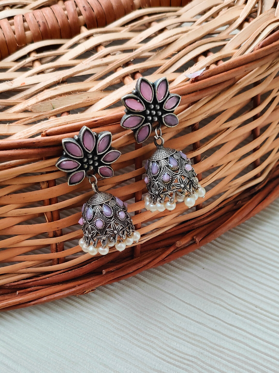 Buy Light Pink Stone Flower Shaped Oxidised Silver Jhumka Earrings