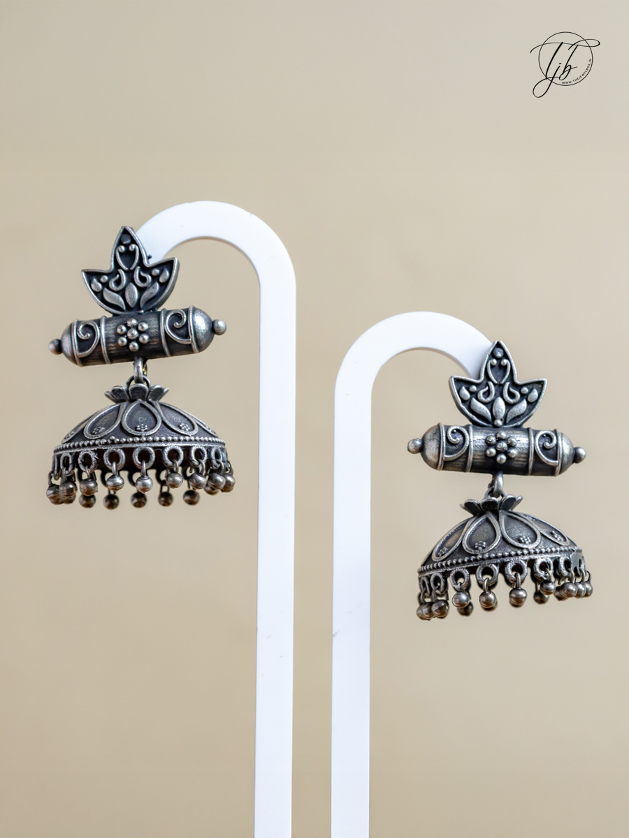 Buy Lotus Bloom Style German Silver Oxidised Jhumka Earrings Online - TheJewelbox