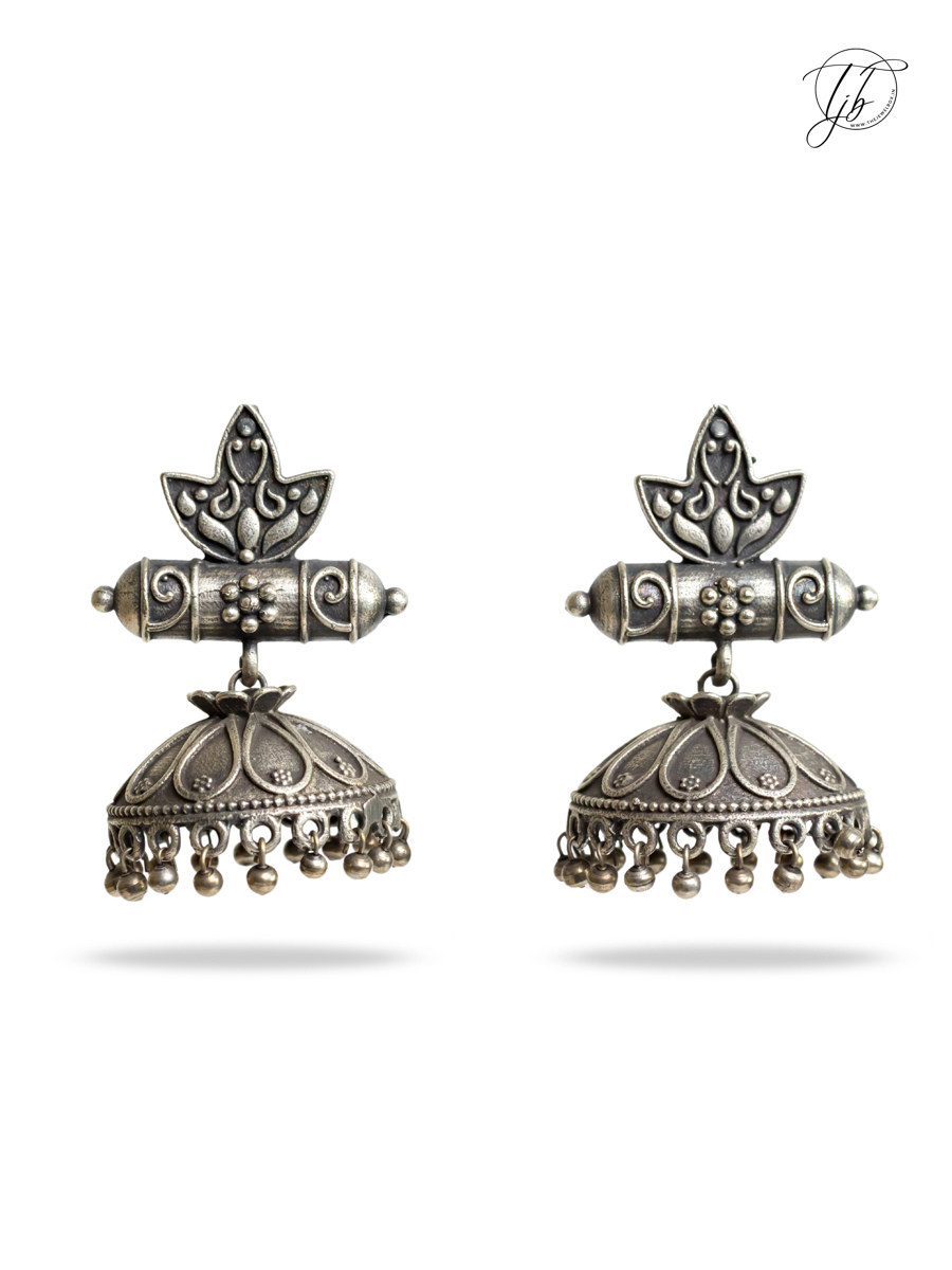 Lotus Bloom Style German Silver Oxidised Jhumka Earrings