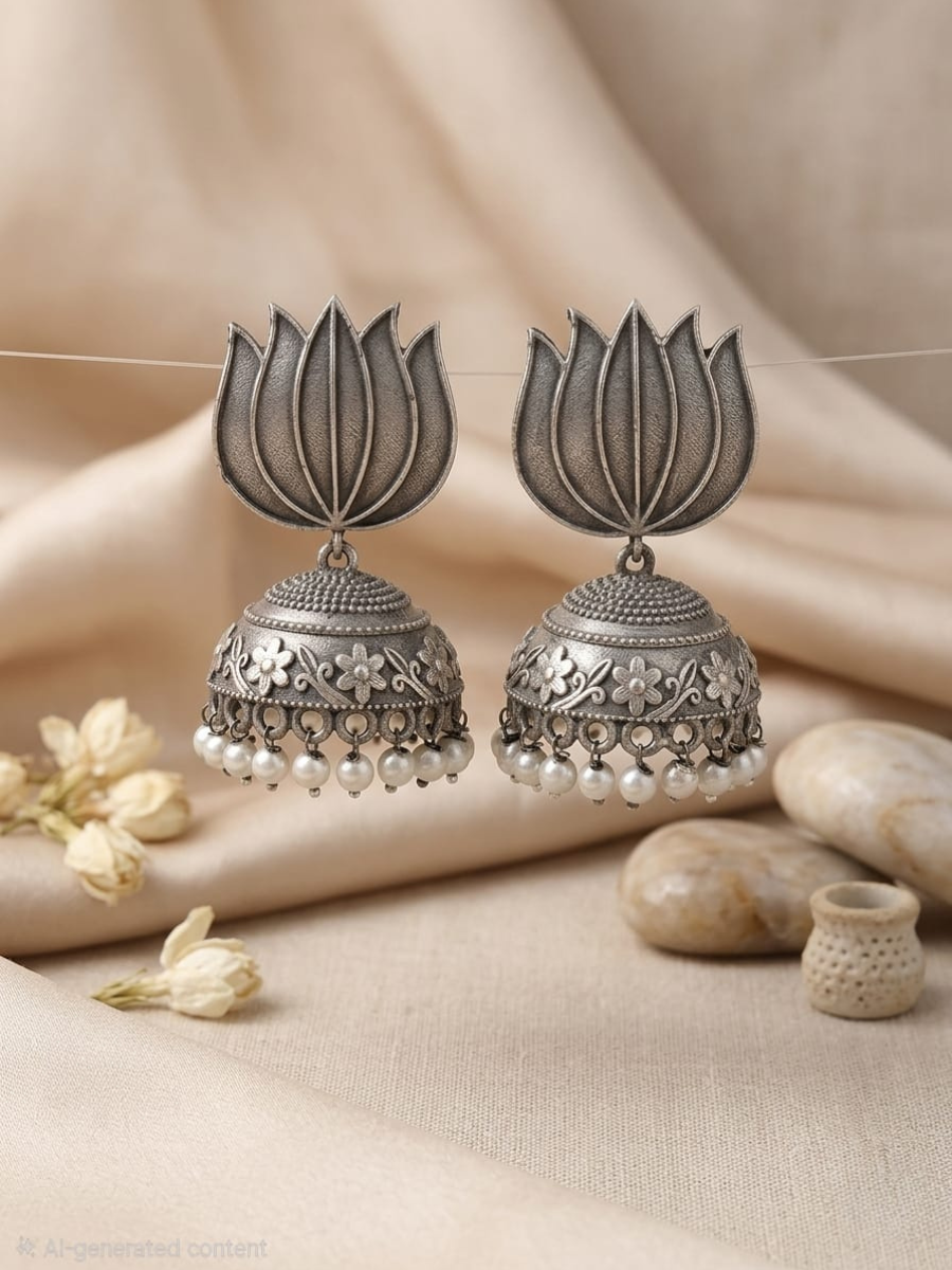 Buy Lotus Shaped German Silver Oxidised Jhumka Earrings Online in India