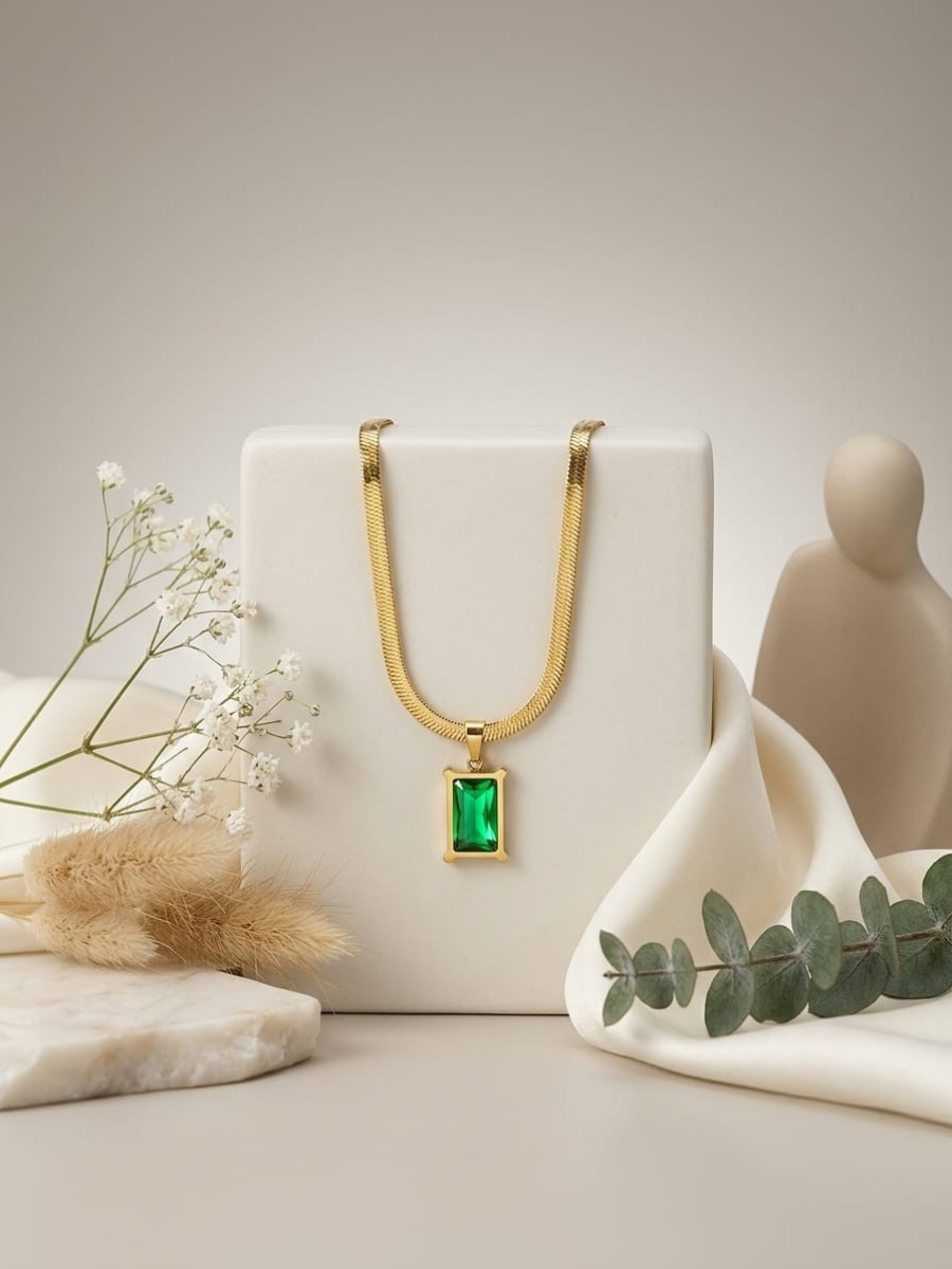 Buy Luxury Emerald Green Stone Snake Chain Golden Necklace Online in India