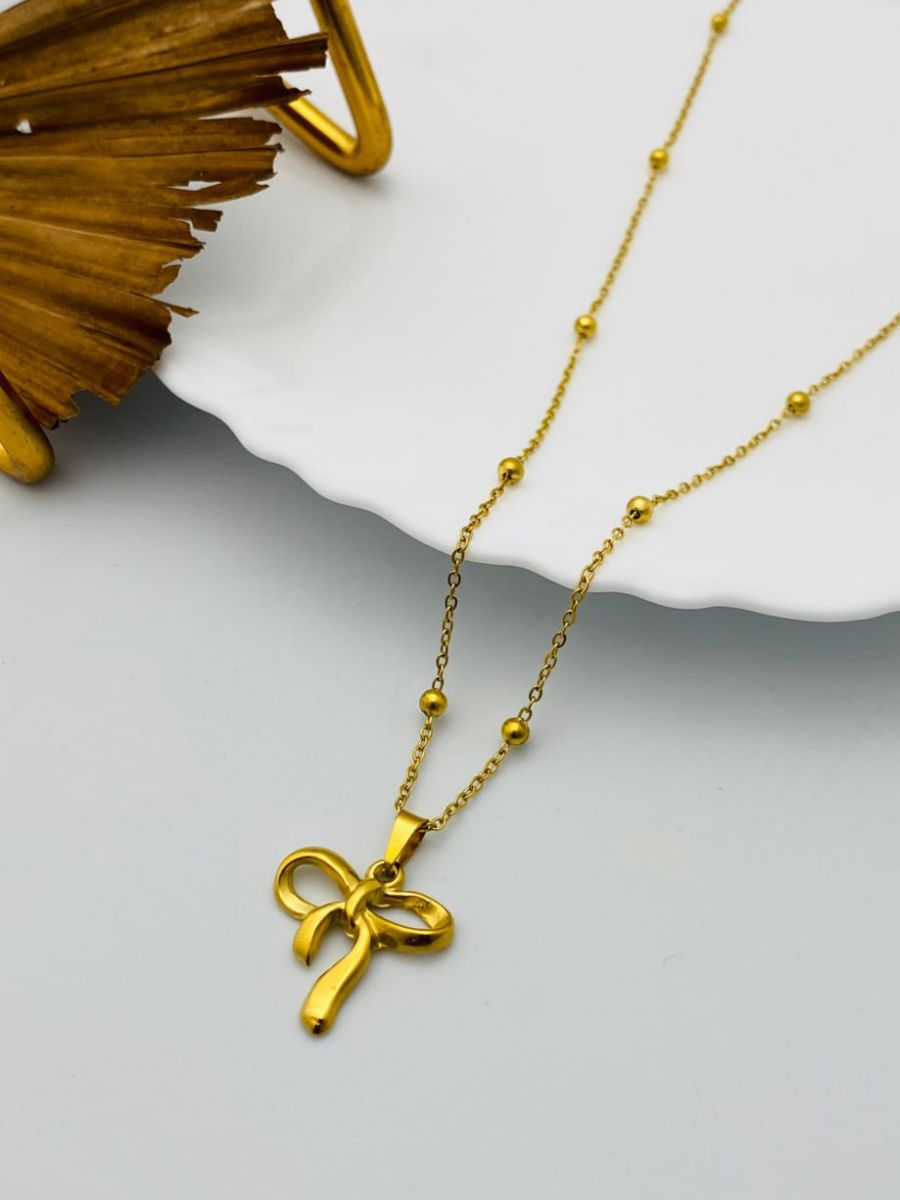Buy Mini Ribbon Bow Golden Plated Beads Chain Necklace Online
