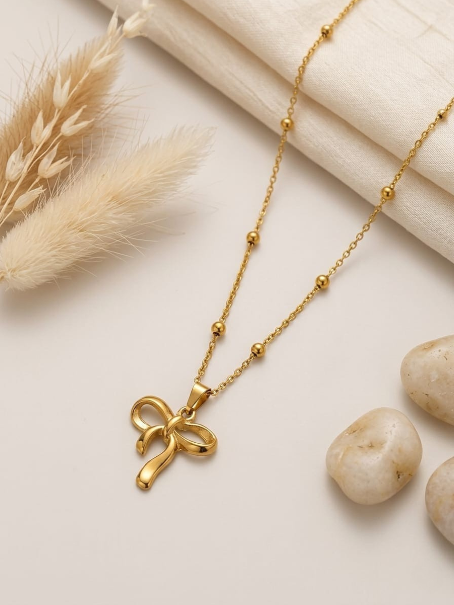 Buy Mini Ribbon Bow Golden Plated Beads Chain Necklace Online in India