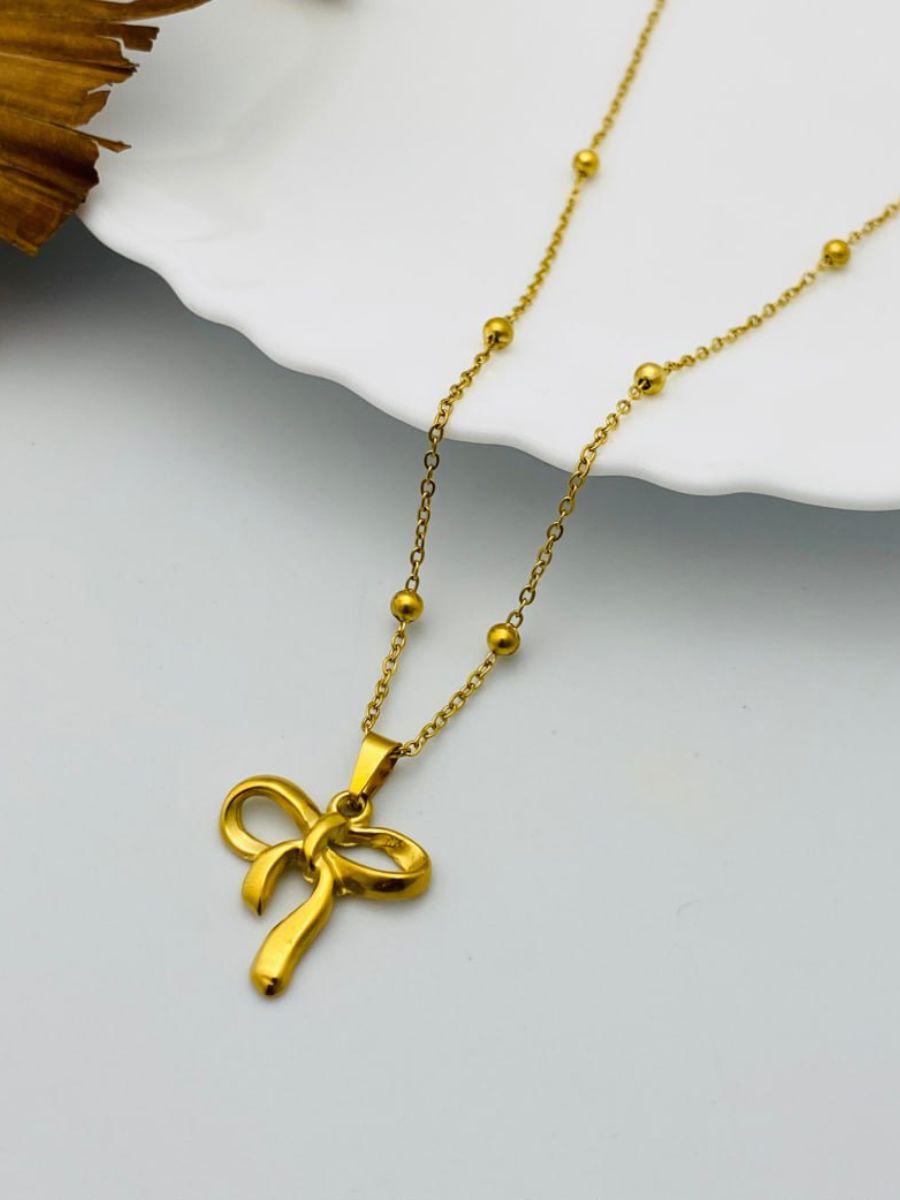Mini Ribbon Bow Golden Plated Beads Chain Necklace