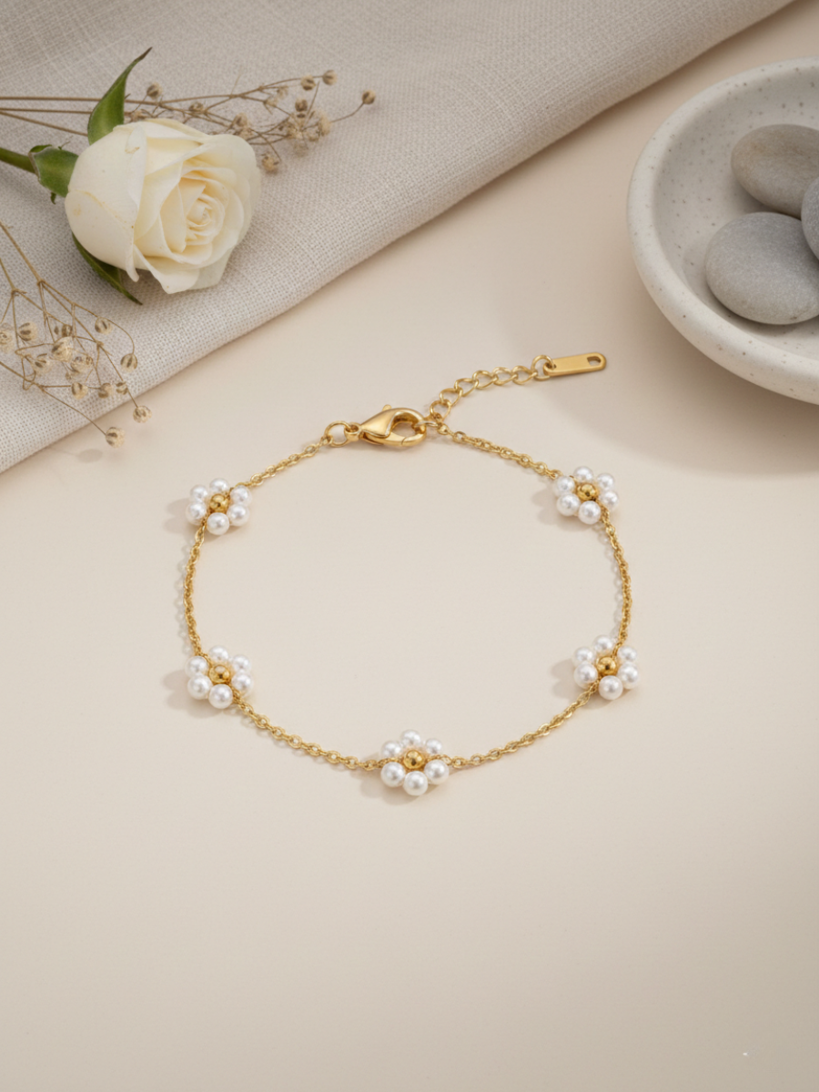 Buy Minimal Gold Plated Pearl Flower Chain Bracelet Online