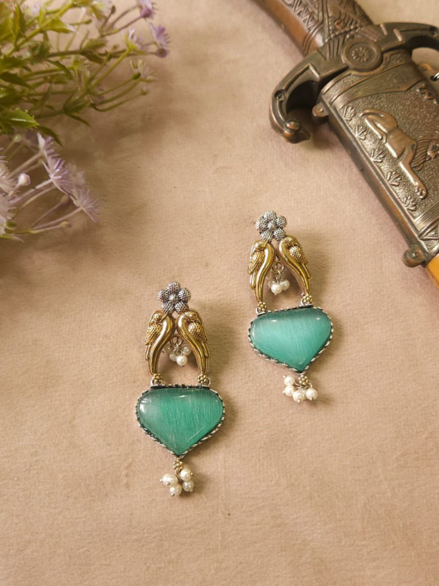 Buy Mint Green Monalisa Stone Dual Tone Oxidised Stud Earrings Online - TheJewelbox