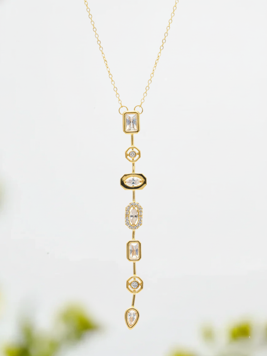 Buy Multi-cut White Crystal Stones Golden Chain Y Necklace Online - TheJewelbox
