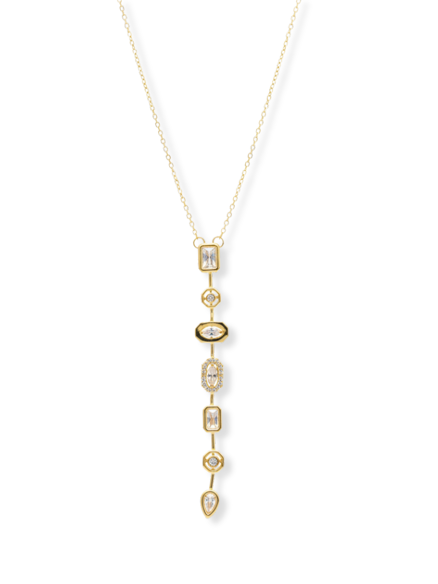 Multi-cut White Crystal Stones Golden Chain Y Necklace
