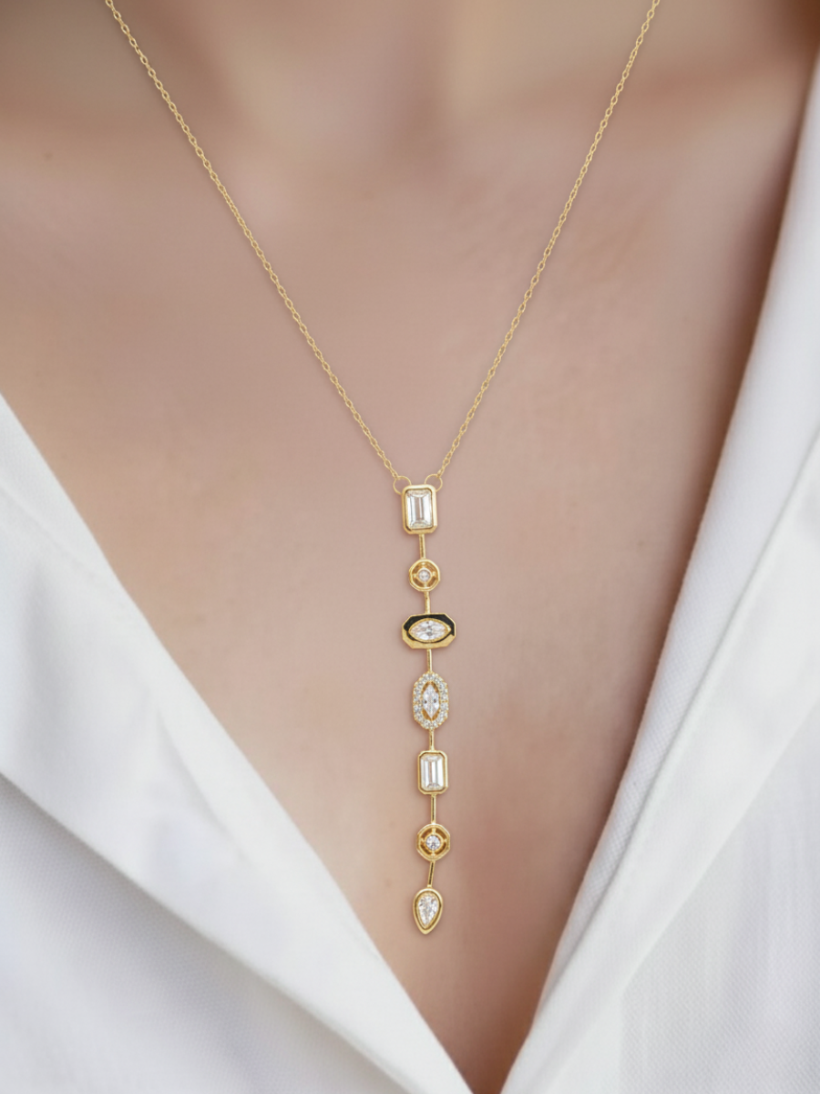 White Crystal Stones Golden Chain Y Necklace