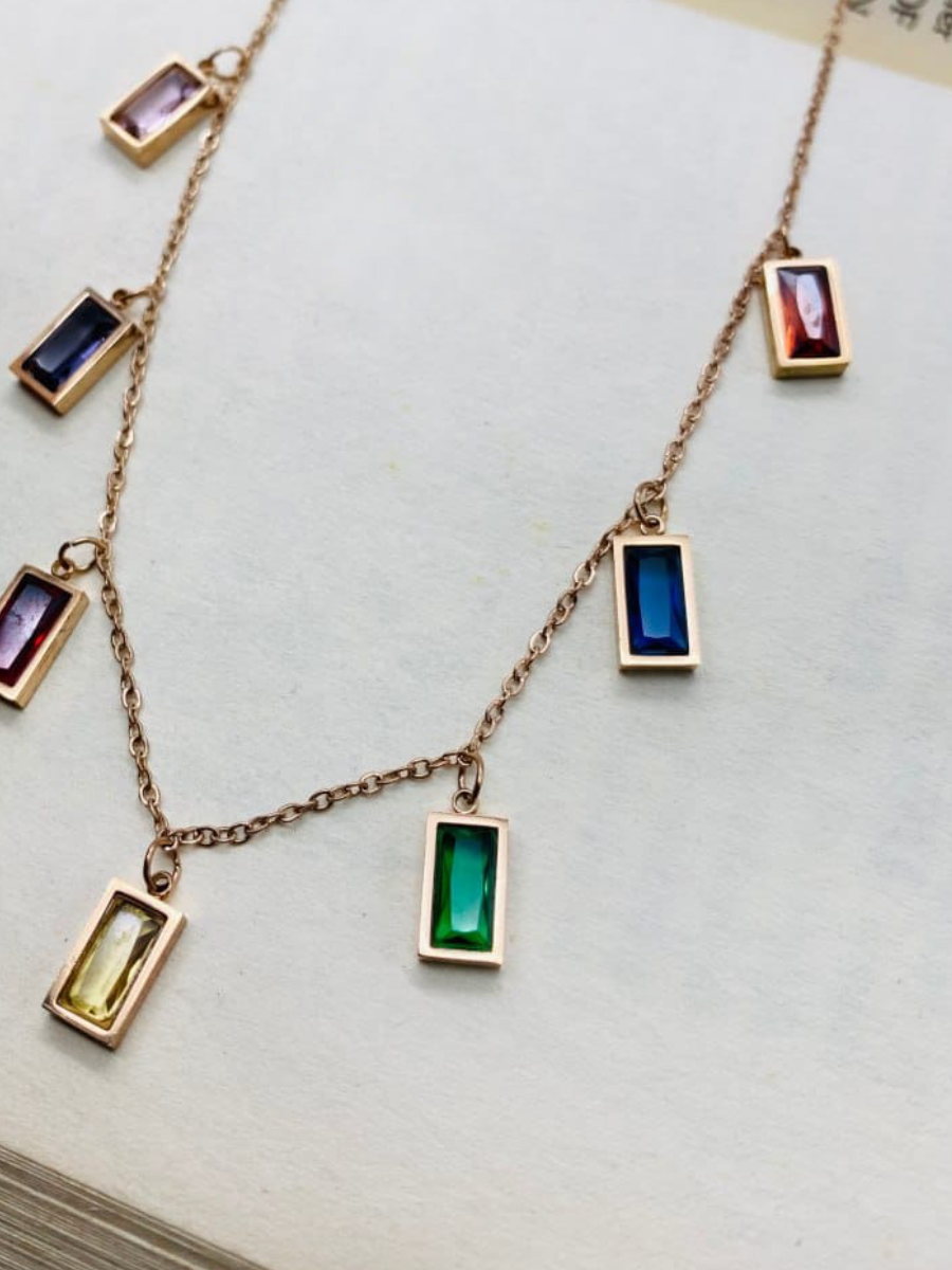 Multi Color Rectangle Charms Rose Gold Chain Necklace