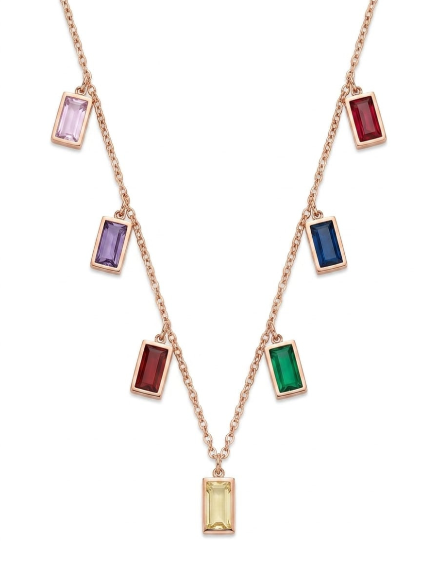 Multi Color Rectangle Charms Rose Gold Chain Necklace